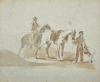 Lot 1010 - Circle of Peter Tillemans (1684-1734) Flemish Horses with their groomsmen Mixed media on...