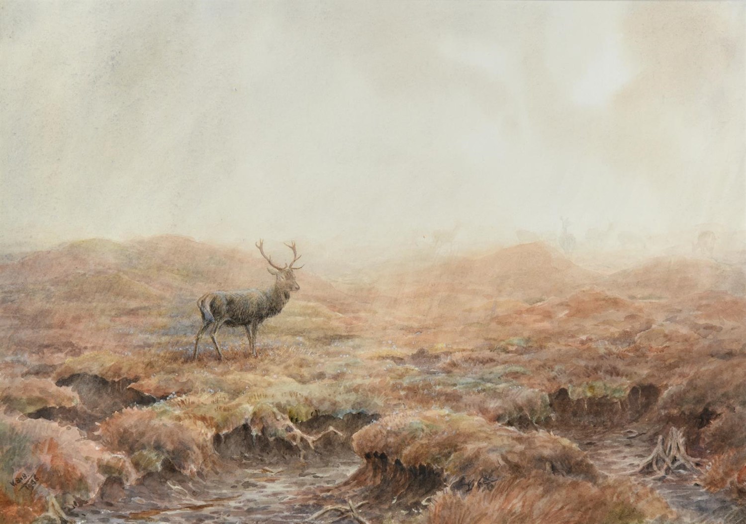 Lot 1012 - Vincent R Balfour Browne (1880-1963)  Stag in the mist  Initialled and dated 1948, watercolour,...