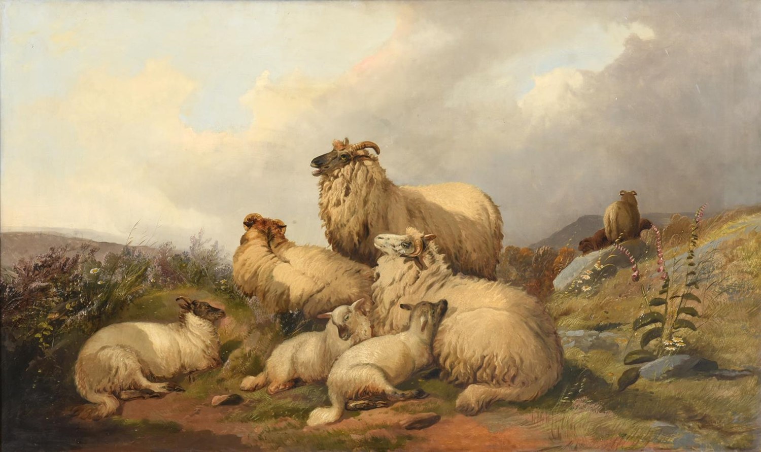 Lot 1027 - Circle of William Watson (19th century)  Sheep and lambs at rest on a fell top Oil on canvas,...