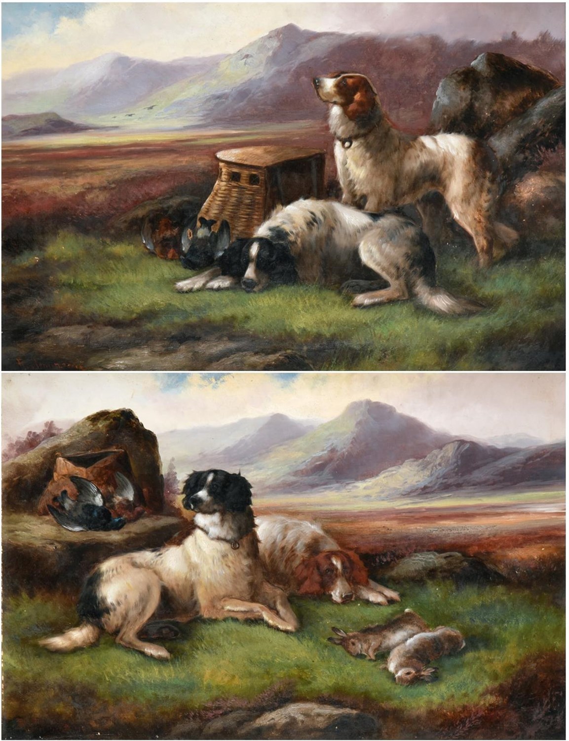 Lot 1028 - Robert Cleminson (fl.1864-1903) Spaniels with the day's bag  Signed, oil on canvas, together with a
