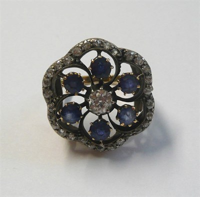 Lot 543 - A Victorian Diamond and Sapphire Cluster Panel, on a Later Ring, an old cut diamond within a border