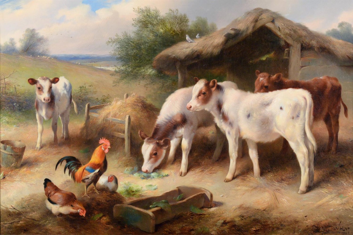 Lot 1028 - Walter Hunt (1861-1941)  Calves and poultry feeding at a thatched stable  Signed and dated...