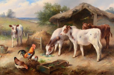 Lot 1028A - Walter Hunt (1861-1941)  Calves and poultry feeding at a thatched stable  Signed and dated...