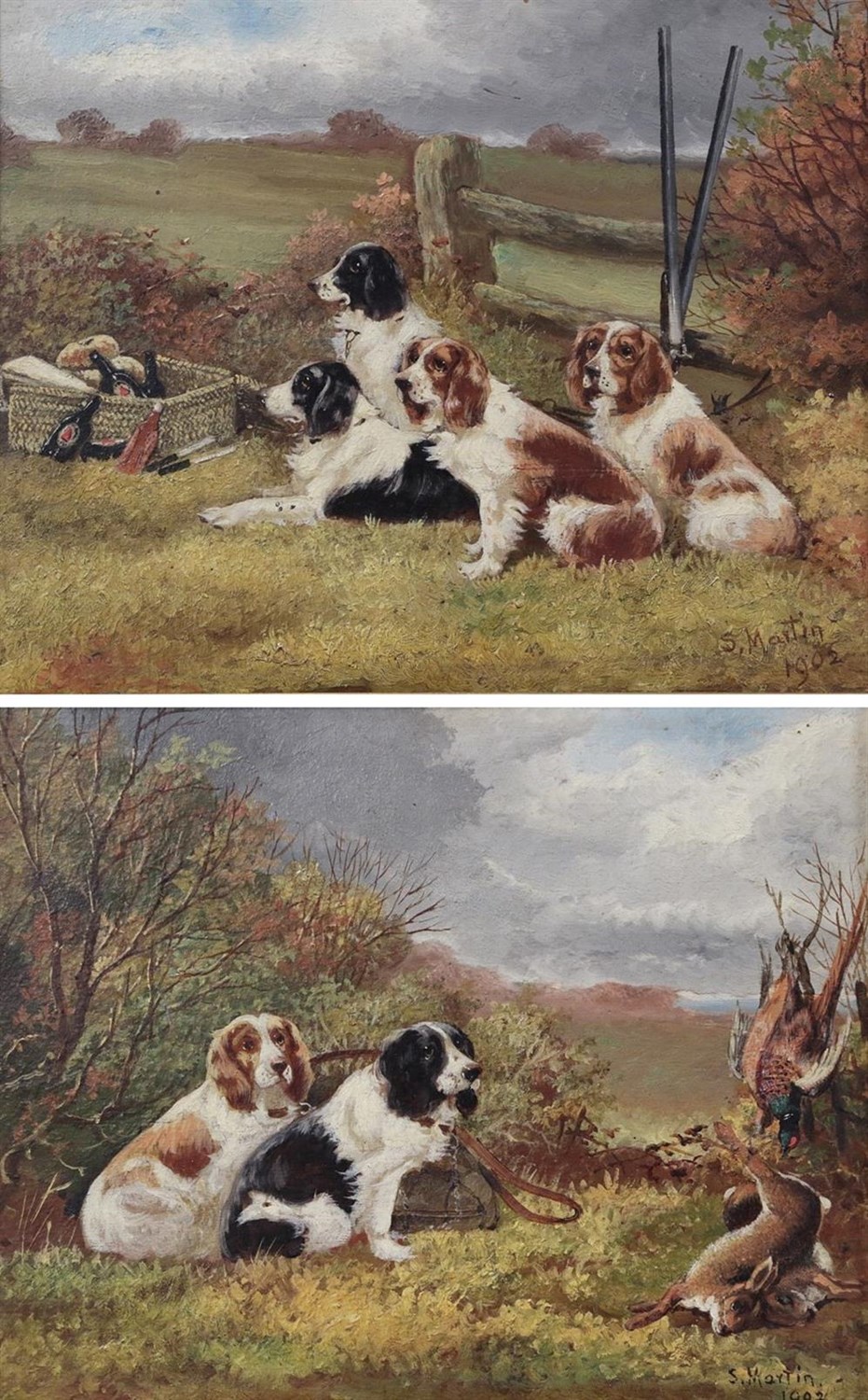 Lot 1029 - Sylvester Martin (19th/20th century) Pair of Spaniels beside the day's kill Group of Spaniels...