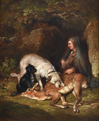 Lot 1031 - Follower of Sir Edwin Henry Landseer RA (1802-1873) Deer hunter with kill and attendant hounds...