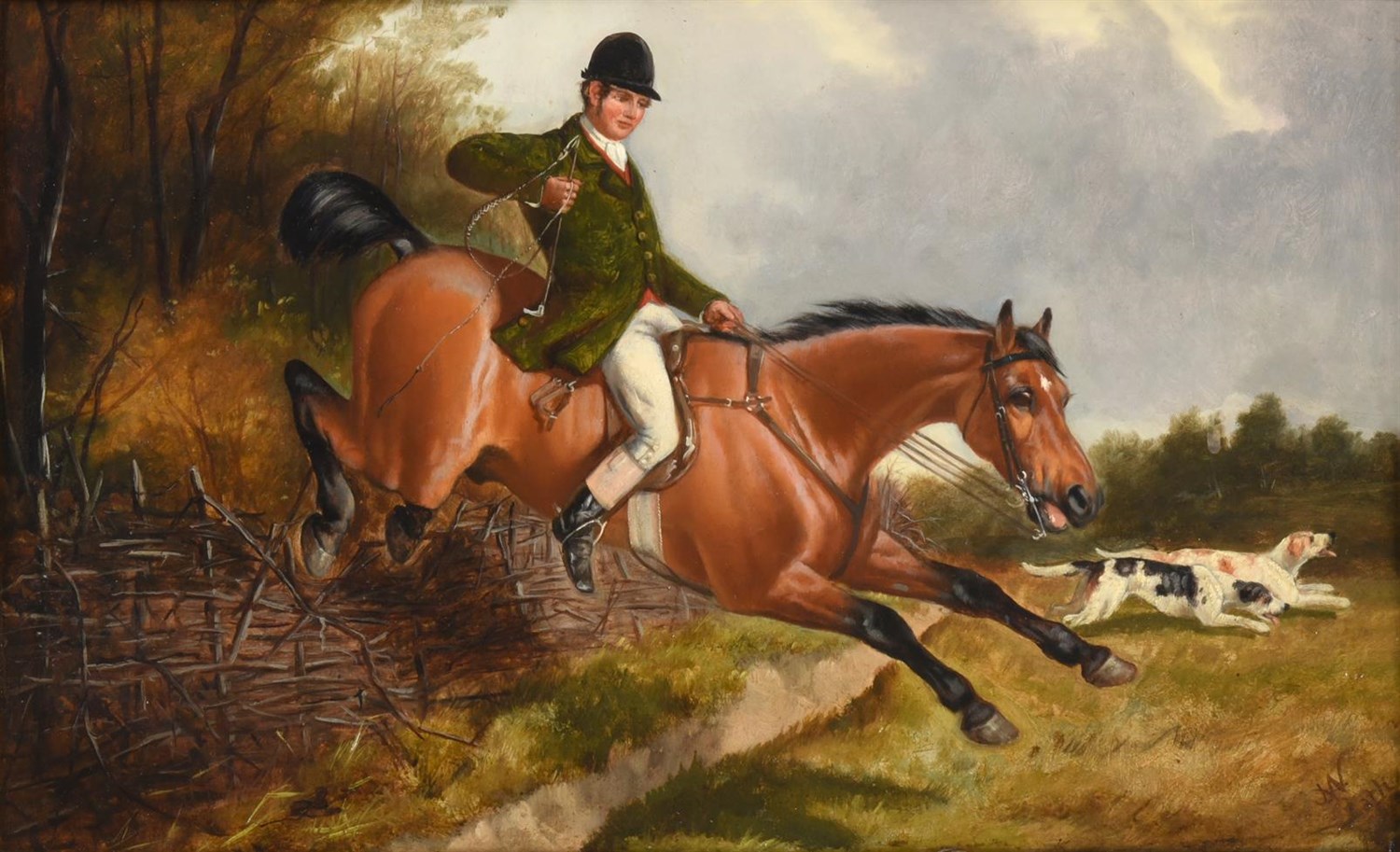 Lot 1038 - John Alfred Wheeler (1821-1903) Taking a fence Signed, oil on board, 28cm by 45.5cm  See...