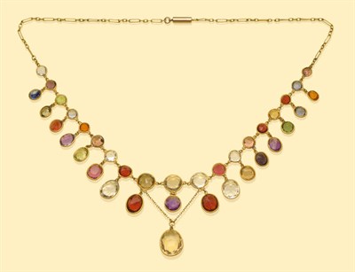 Lot 544 - A Multi Gemstone Fringe Necklace, assorted round and cushion cut gemstones graduate in size to...