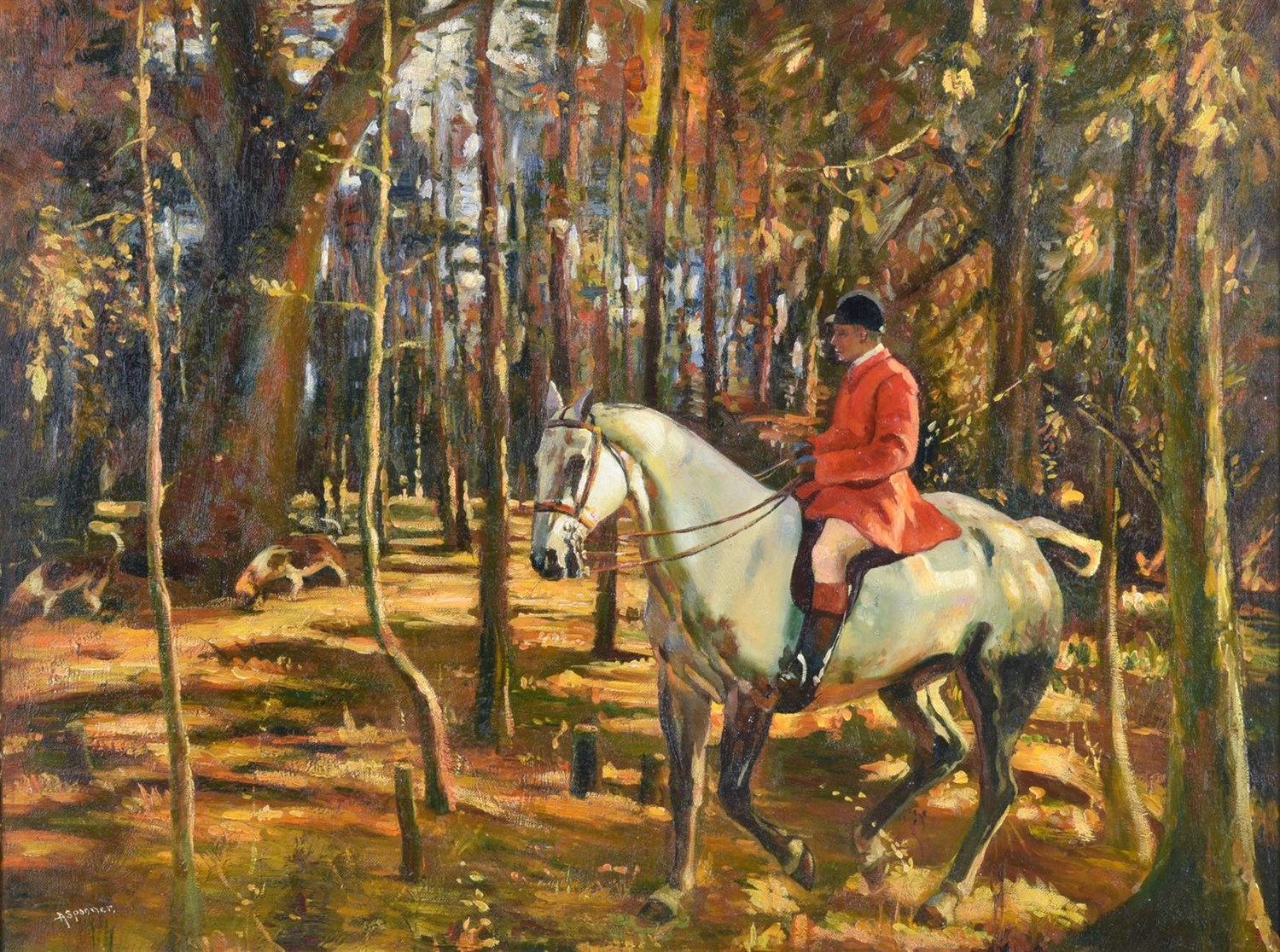 Lot 1042 - Arthur Spooner (1873-1962) Huntsman and hounds on the scent in Autumnal woodland  Signed, oil...