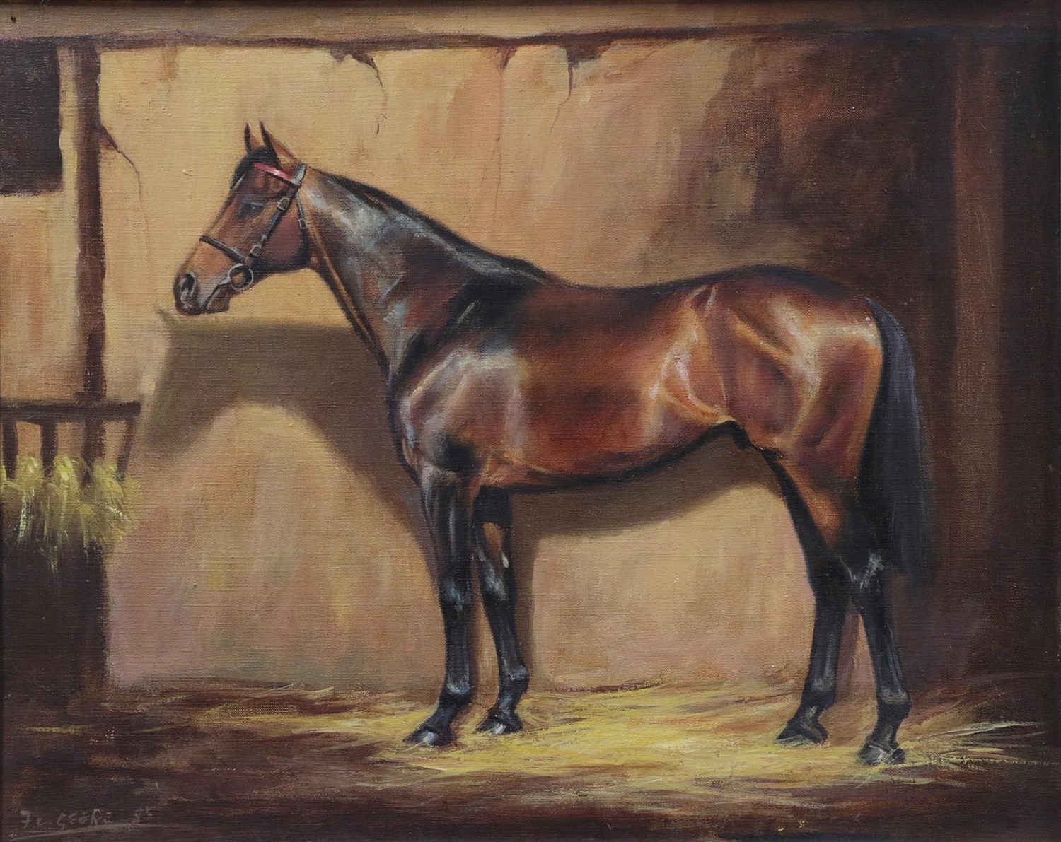 Lot 1044 - Frank Geere (1931-1991) Study of a Bay Horse in a stable Signed and dated (19)85, oil on...