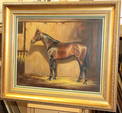 Lot 1044 - Frank Geere (1931-1991) Study of a Bay Horse in a stable Signed and dated (19)85, oil on...
