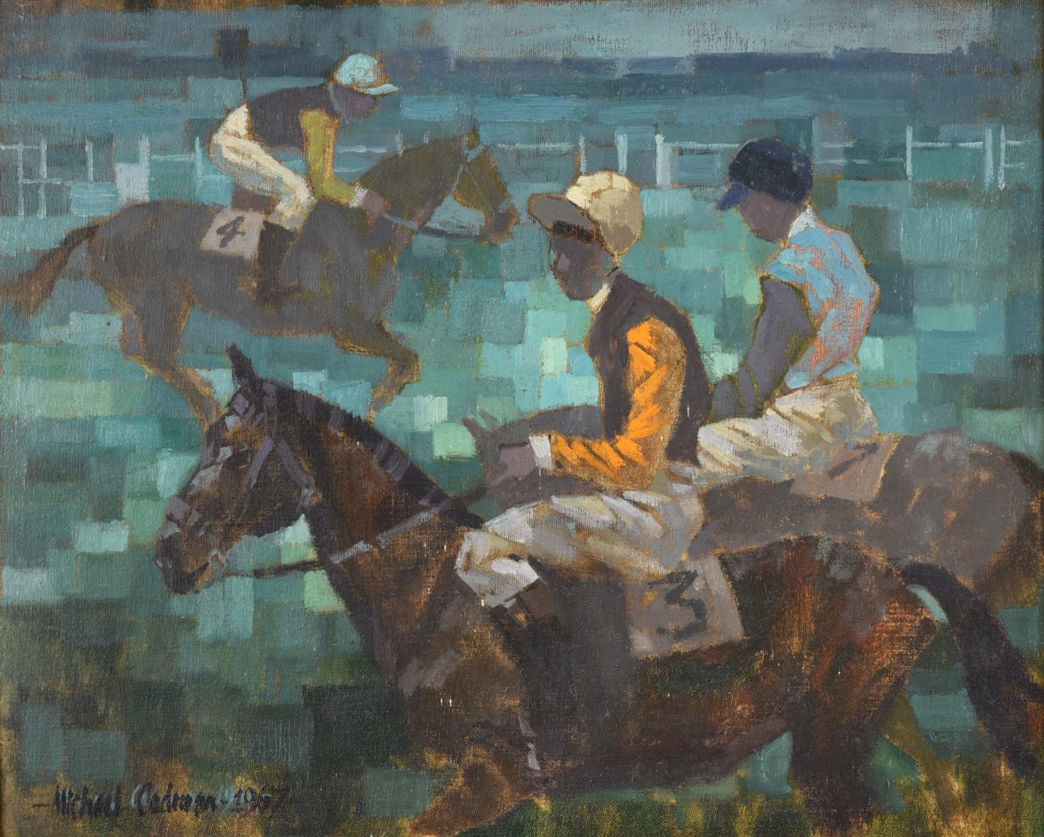Lot 1045 - Michael Lawrence Cadman (1920-2012) Race horses with jockeys up Signed, oil on canvasboard, 40cm by
