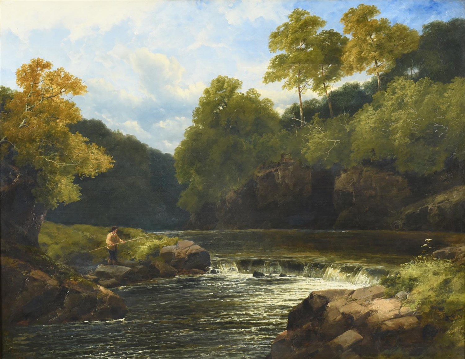 Lot 1052 - John Brandon Smith (1848-c.1893) Angler in an extensive woodland landscape  Signed and dated...