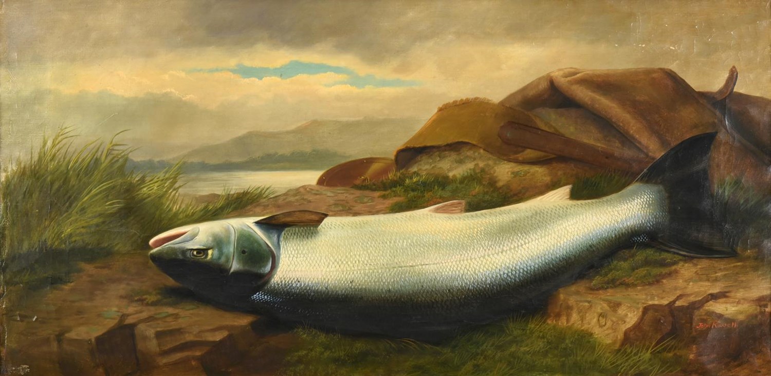 Lot 1053 - John Bucknell Russell (1819-1893)  Landed salmon and canvas bag by the waterside  Signed, oil...