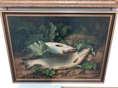 Lot 1054 - Attributed to John Bucknell Russell (1819-1893)  Landed Salmon on the riverbank Oil on canvas, 62cm