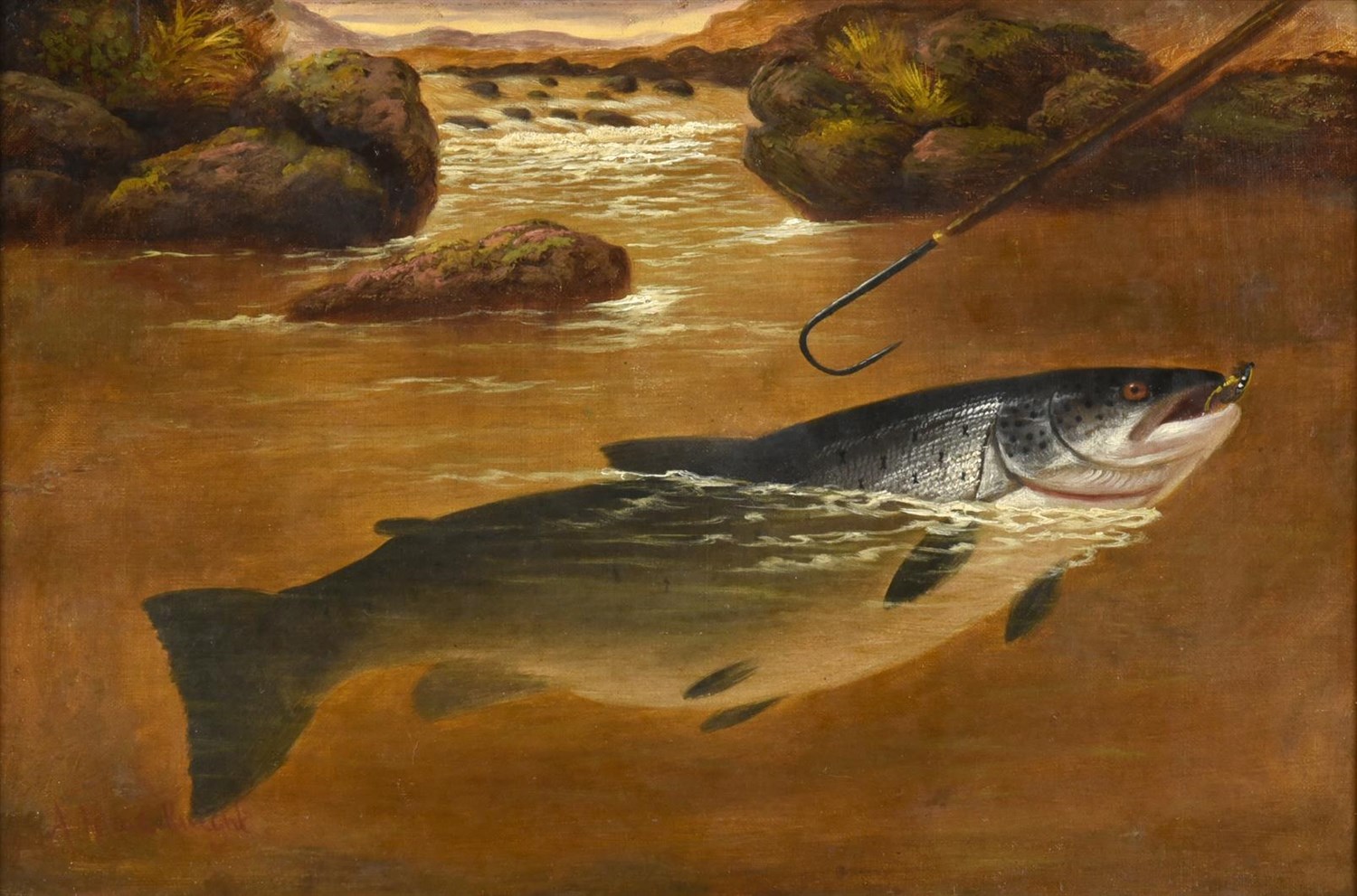Lot 1055 - Attributed to A Roland Knight (fl.1879-1921) ''Salmon and a gaff'' Bears signature, oil on...