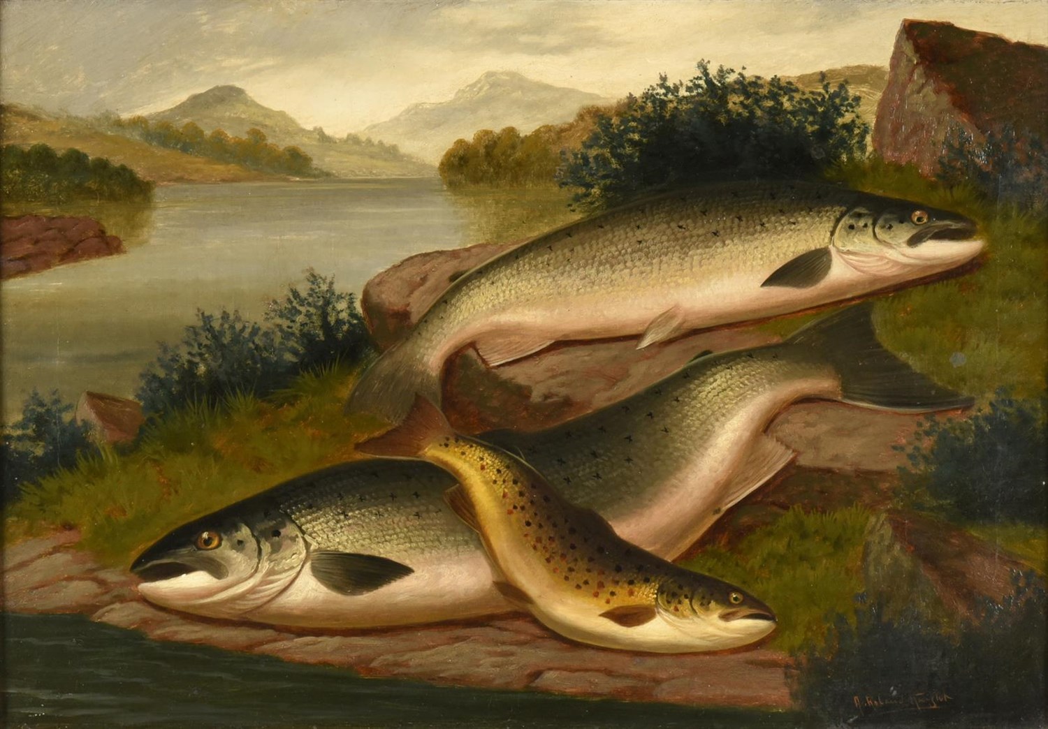 Lot 1057 - A Roland Knight (fl.1879-1921) ''Salmon and Trout of Loch Awe'' Signed, inscribed verso, oil on...