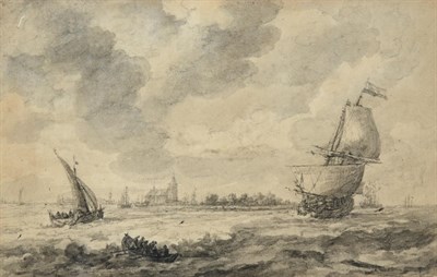 Lot 1058 - Attributed to Karel la Fargue (1738-1793) Dutch Estuary scene with shipping before a town Bears...