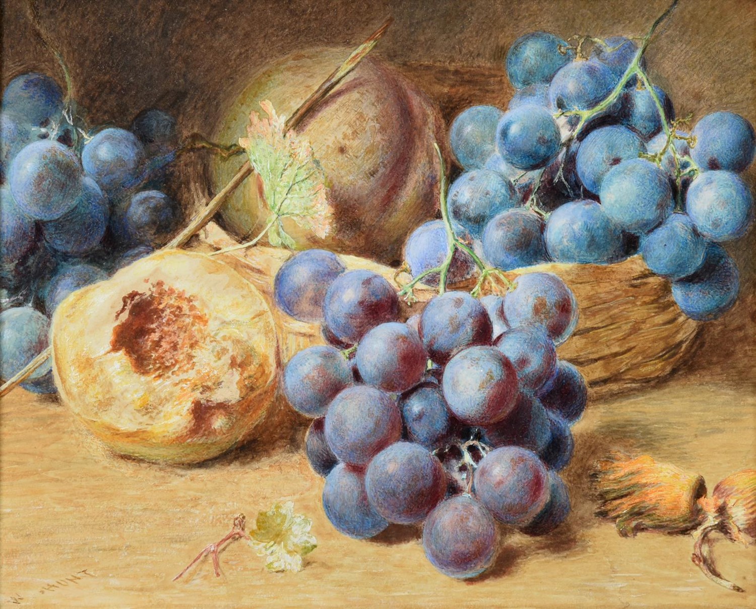 Lot 1077 - William Henry Hunt (1790-1864) Still life of grapes, peaches and cob nuts Signed, watercolour...