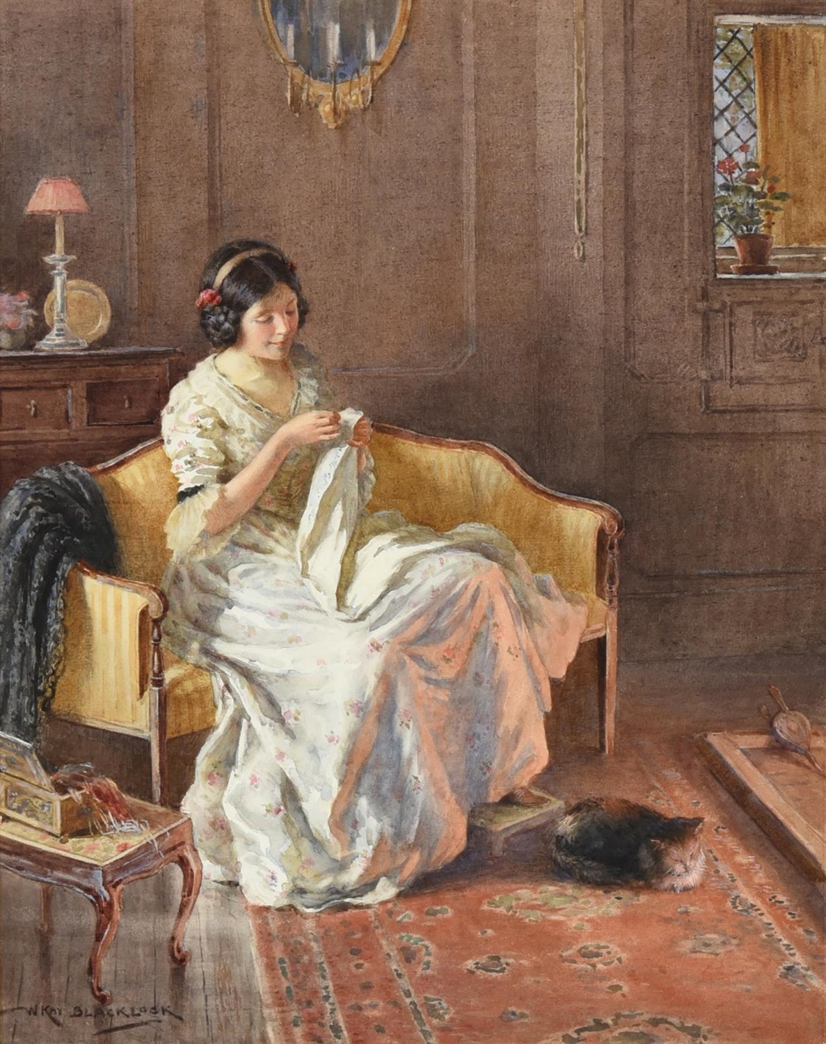 Lot 1079 - William Kay Blacklock (1872-1924) A quiet moment - a lady undertaking needlework by the...