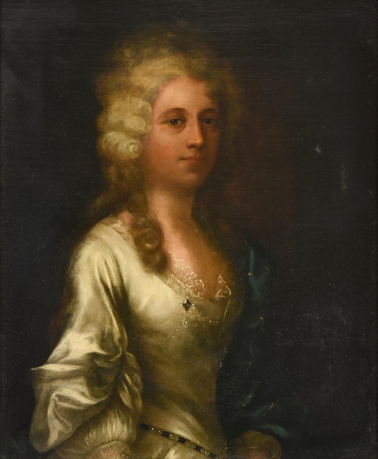 Lot 1086 - English School (late 18th century) Portrait of a lady, wearing a white satin dress trimmed with...
