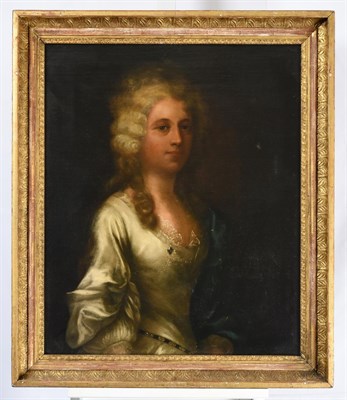 Lot 1086 - English School (late 18th century) Portrait of a lady, wearing a white satin dress trimmed with...