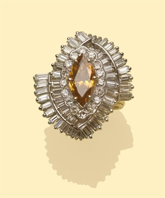 Lot 549 - A Diamond Cluster Ring, a marquise cut cinnamon coloured centre diamond, within a border of...