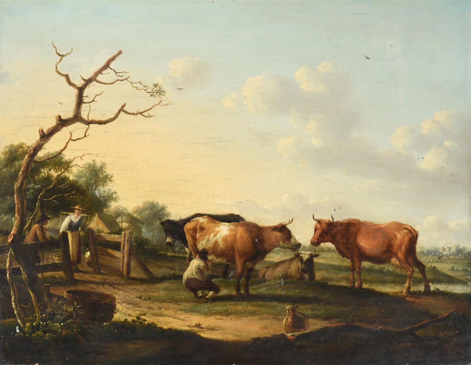 Lot 1092 - Dionys van Dongen (1748-1819) Dutch Milking the herd - countryfolk and cattle in an extensive...