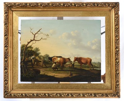 Lot 1092 - Dionys van Dongen (1748-1819) Dutch Milking the herd - countryfolk and cattle in an extensive...
