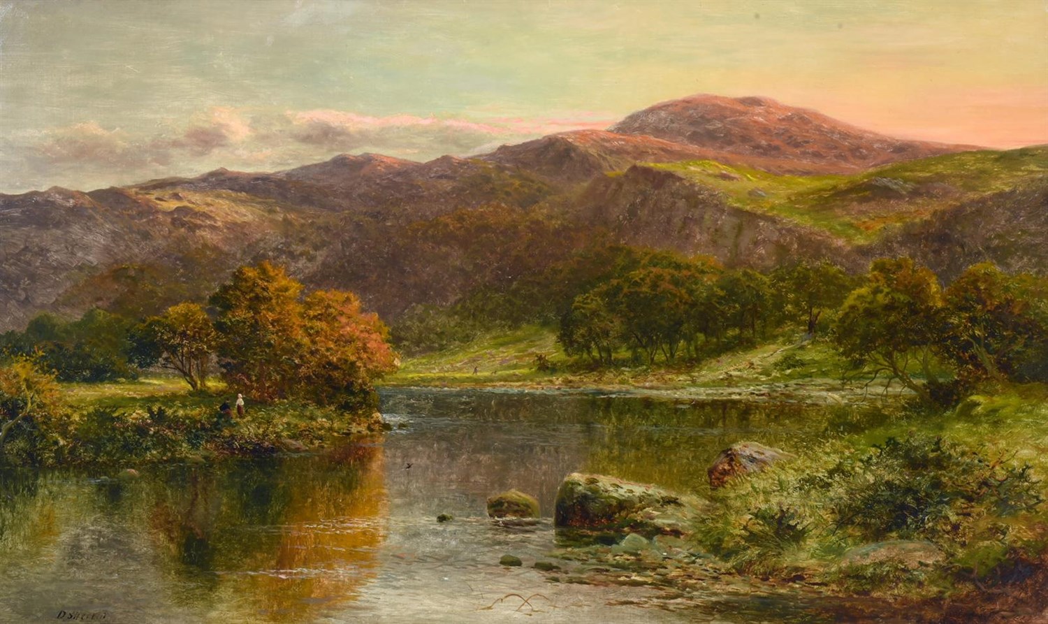 Lot 1100 - Daniel Sherrin (1868-1940) Figures in an extensive lakeland landscape Signed, oil on canvas, 74.5cm