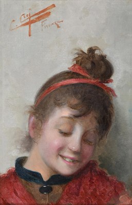 Lot 1106 - Cipriano Cei (1867-1922) Italian Portrait of a young girl, head and shoulders, wearing a...
