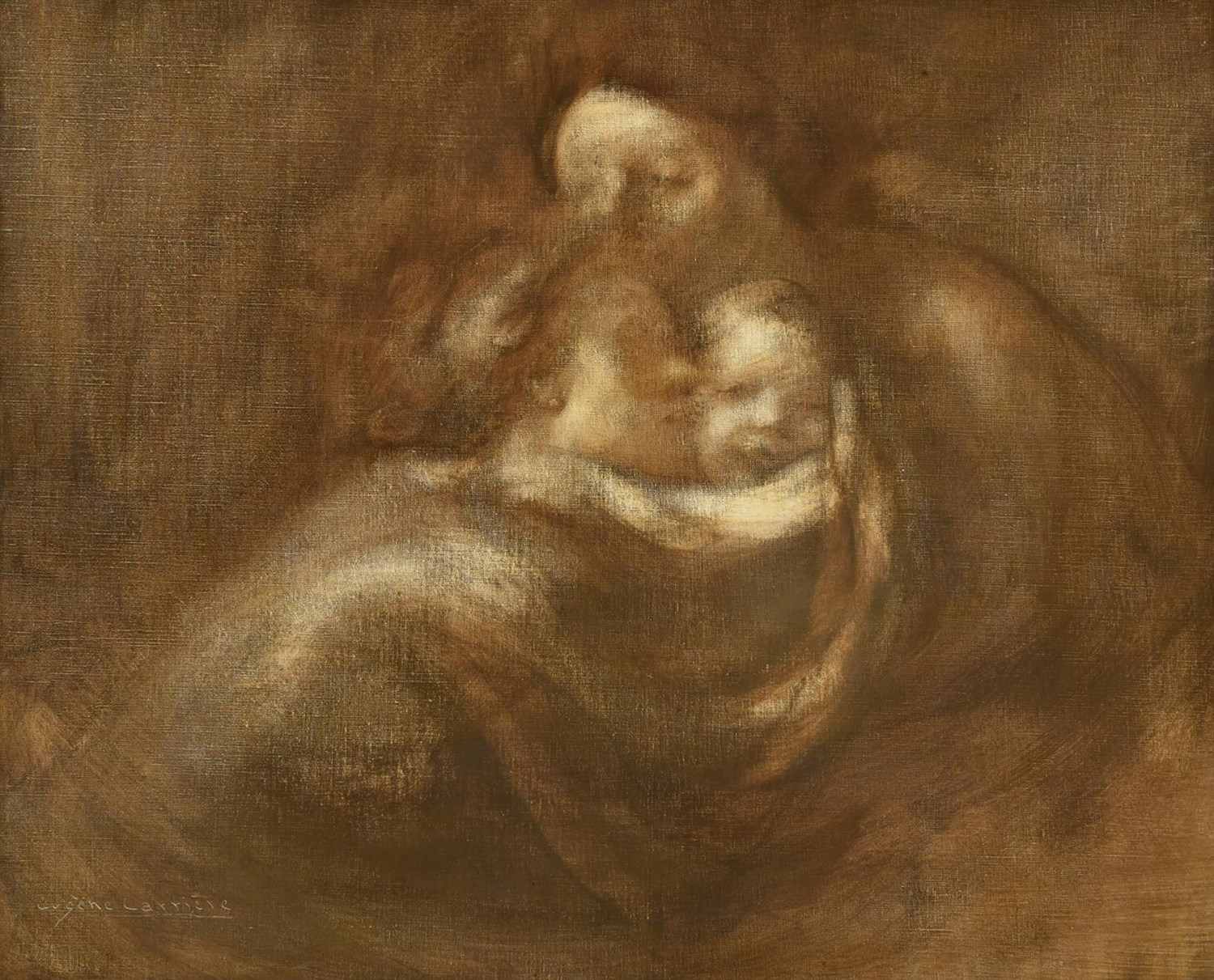 Lot 1111 - Eugène Carrière (1849-1906) French Two women embracing a baby Signed, oil on canvas, 48cm by 60cm
