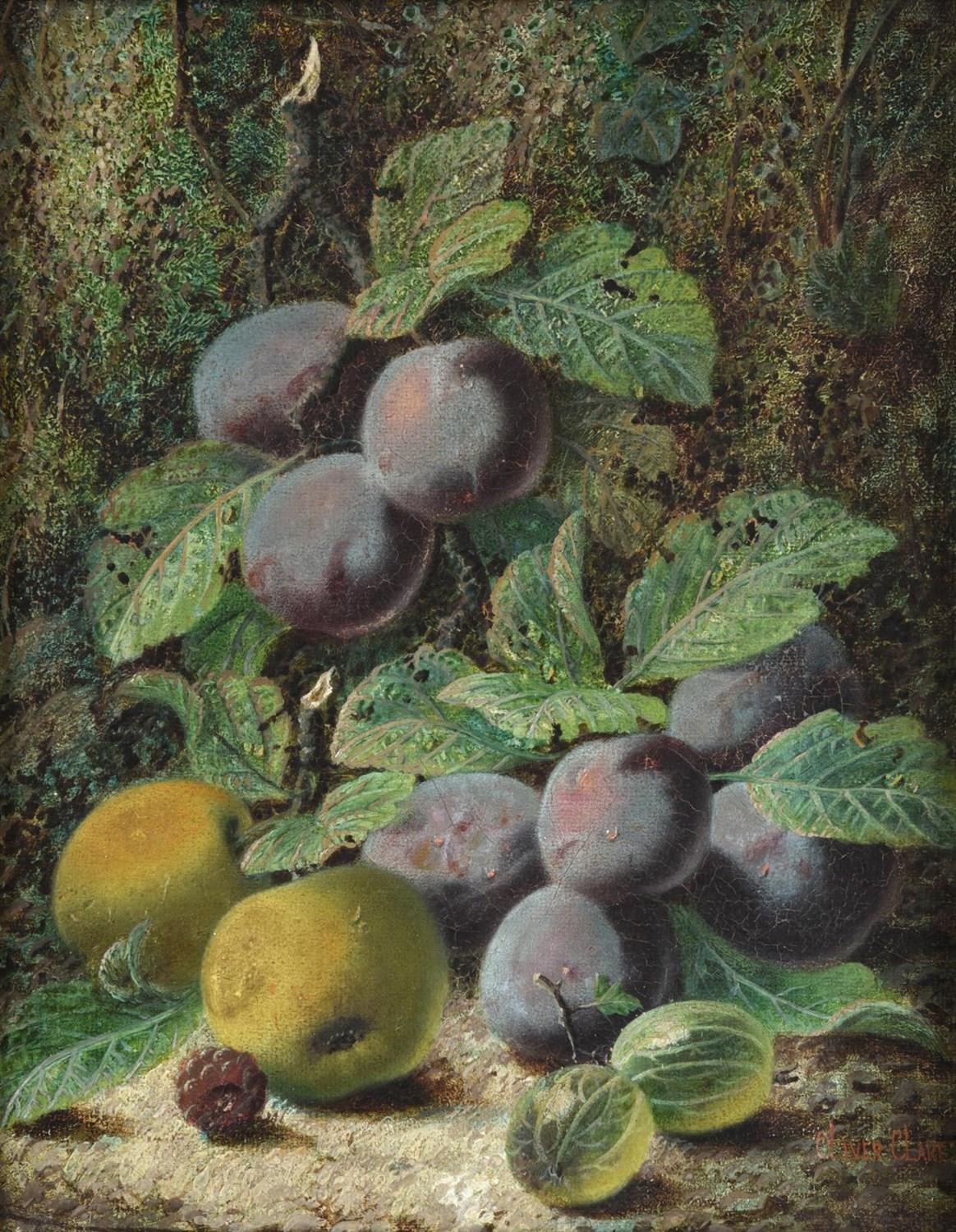 Lot 1119 - Oliver Clare (1853-1927) Still life of plums, apples and gooseberries on a mossy bank Signed,...