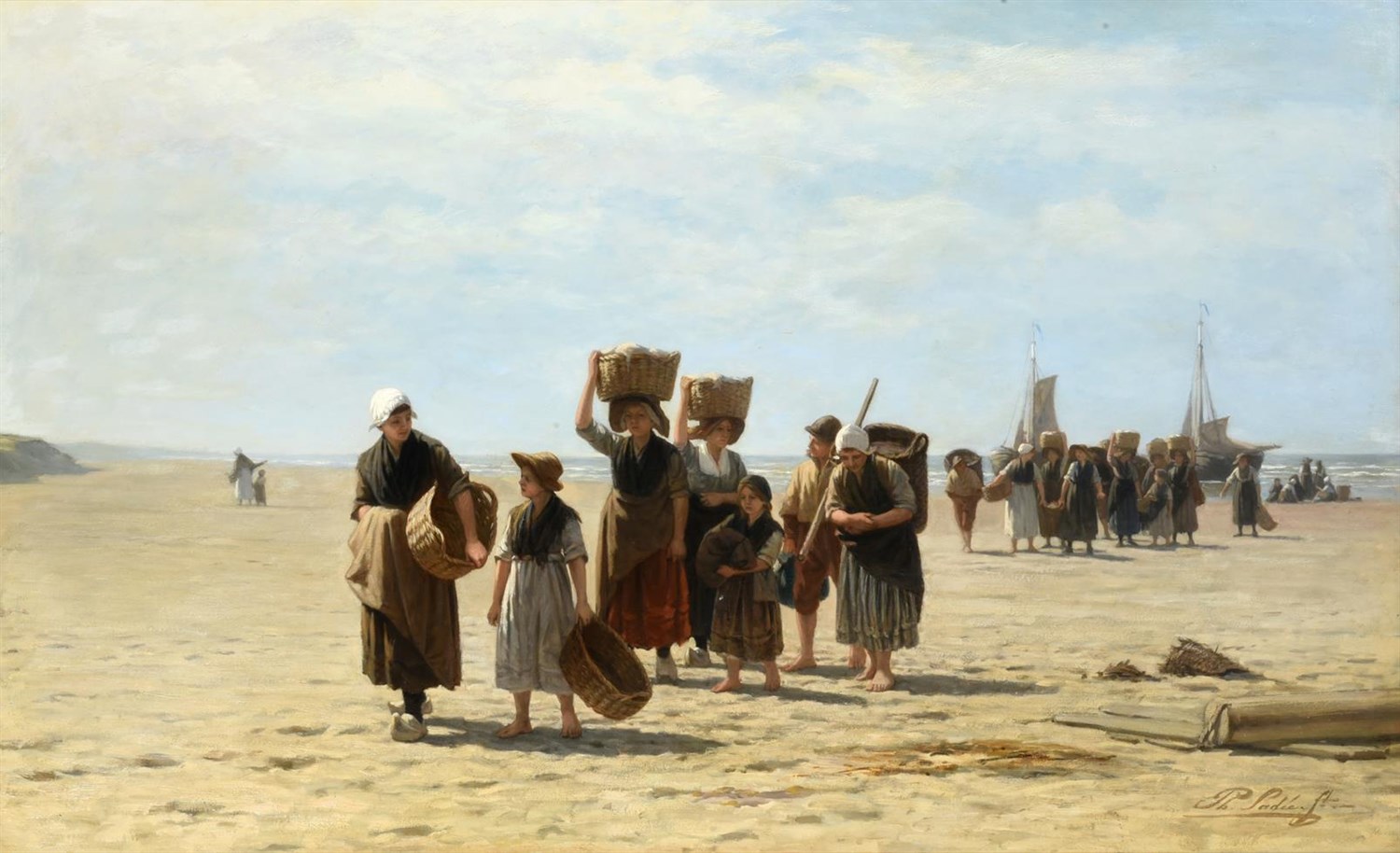 Lot 1131 - Phillip Sadee (1837-1904) Dutch Bringing in the catch Signed, oil on canvas, 81cm by 130.5cm...