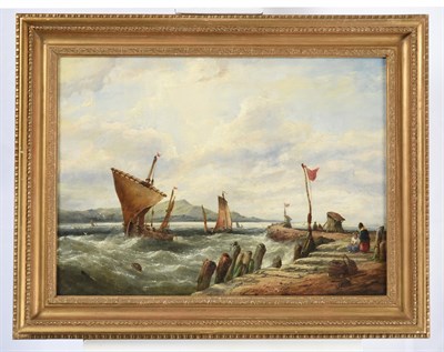Lot 1133 - John James Wilson (1818-1875) Scottish Fisher folk on a jetty in blustery weather Signed, oil...