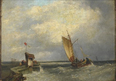 Lot 1134 - John James Wilson (1818-1875) Scottish Fishing boats off a pier in choppy waters Signed, oil on...