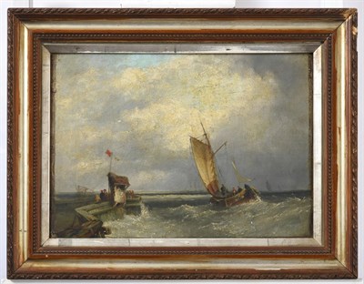 Lot 1134 - John James Wilson (1818-1875) Scottish Fishing boats off a pier in choppy waters Signed, oil on...