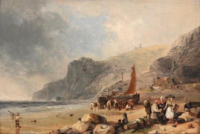 Lot 1136 - Circle of William Collins (1788-1847) Fisherfolk and beached vessels on a rugged shore Oil on...