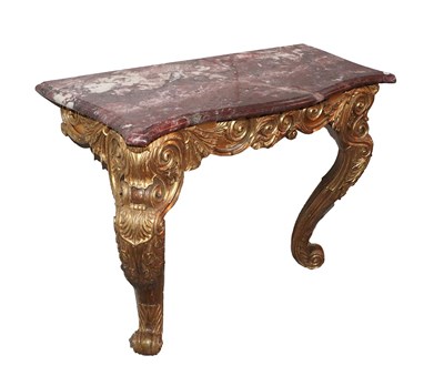 Lot 5 - An Early 19th Century Gilt and Gesso Console Table, the later pink and white serpentine marble...