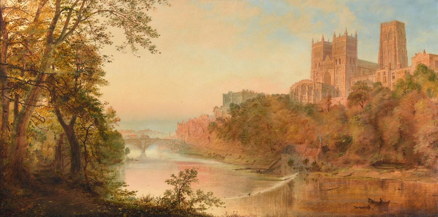 Lot 9 - Circle of Edmund John Niemann (1813-1876)  Durham Cathedral from the River Wear  Indistinctly...