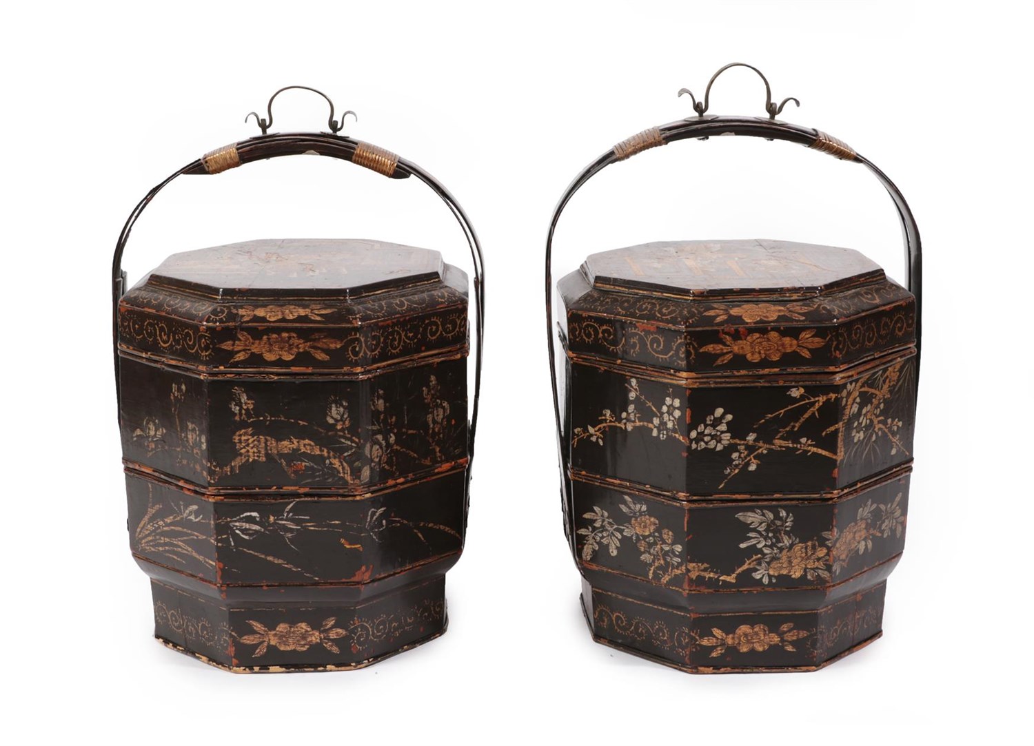 Lot 11 - A Pair of Chinese Gilt Lacquered Octagonal Sectional Food Carriers, each with bentwood carrying...