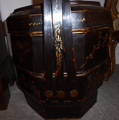 Lot 11 - A Pair of Chinese Gilt Lacquered Octagonal Sectional Food Carriers, each with bentwood carrying...