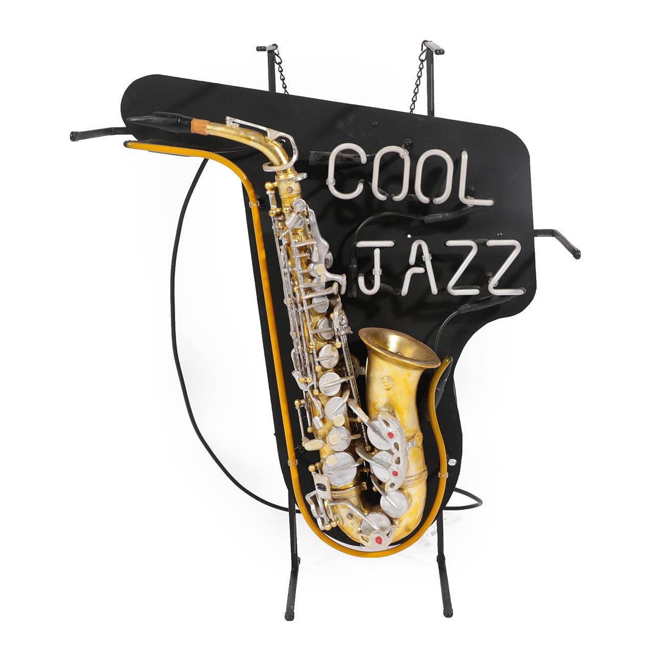 Lot 28 - A Neon Display Sign, inscribed COOL JAZZ over a gilt and silvered composition saxophone on a...