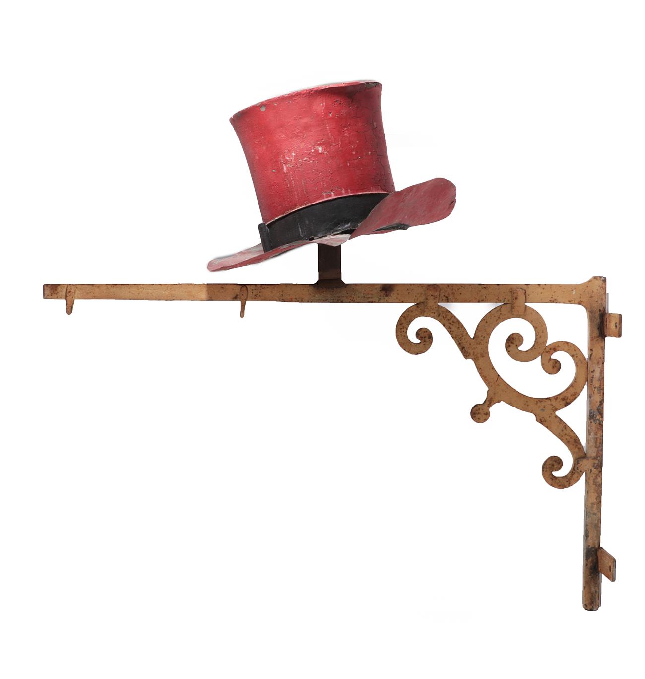 Lot 41 - A Painted Metal Top Hat Shop Sign, painted red with a black band, 35cm high; mounted on A...
