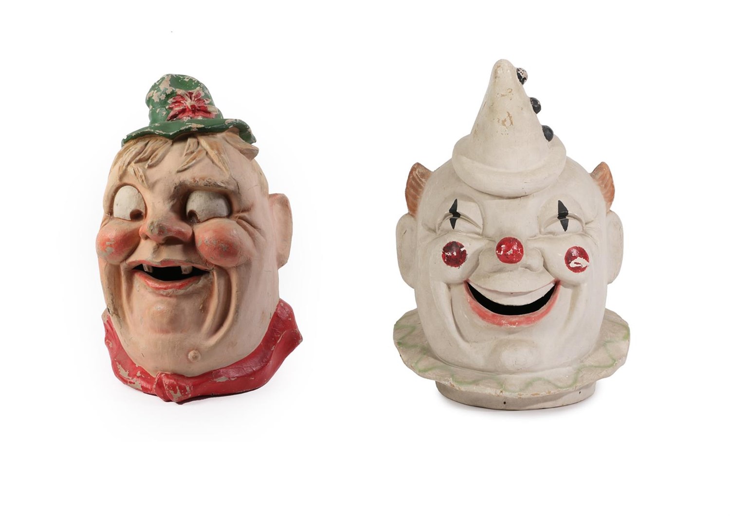 Lot 42 - Two Continental Papier-Mache Parade Masks, circa 1940, one modelled as a grinning Pierrot...