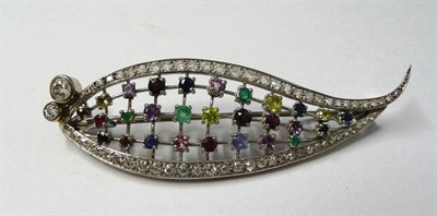 Lot 558 - A Diamond and Gemstone Leaf Brooch, the centre comprises round cut gemstones including...