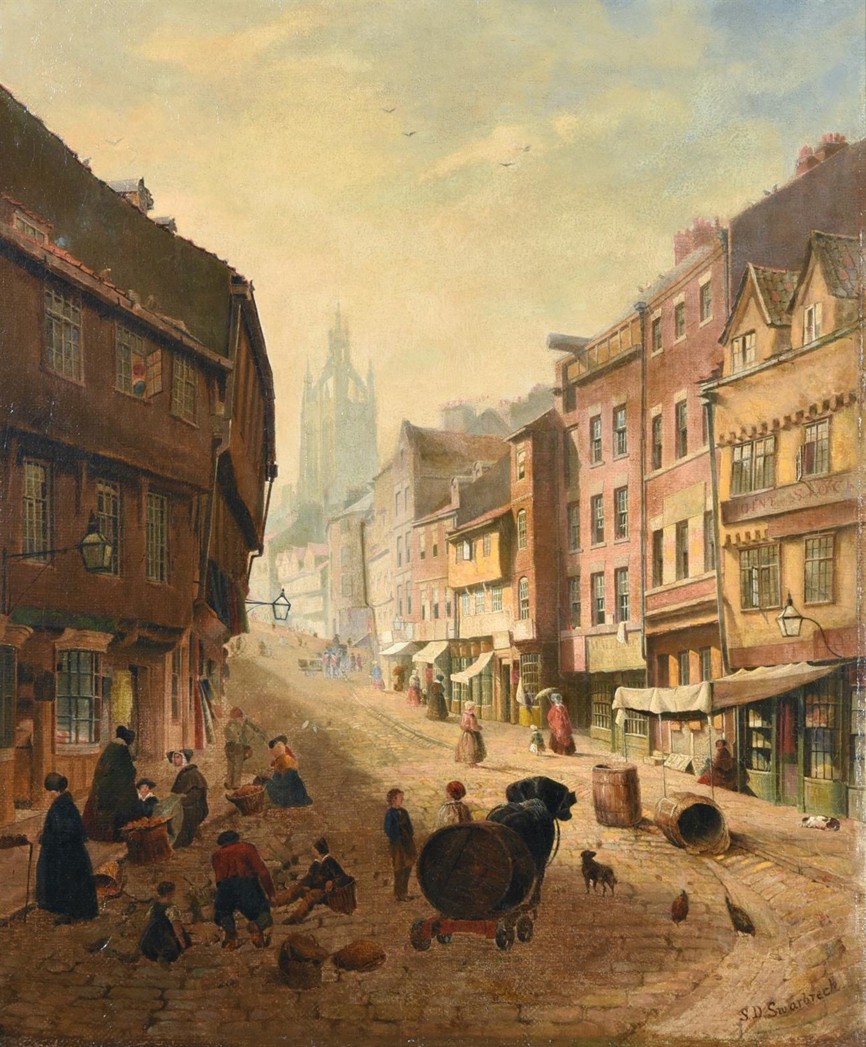 Lot 53 - Samuel Dukinfield Swarbreck (Ex. 1852-1863)   Old Newcastle street scene with figures   Signed, oil
