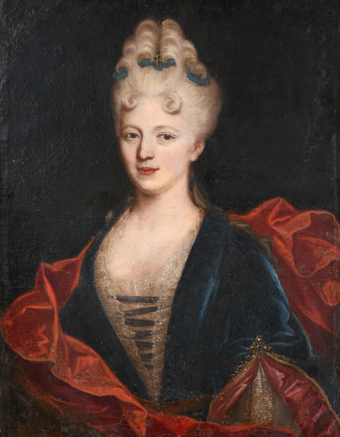 Lot 54 - French School (18th century)   Portrait of a lady, half length, wearing a blue velvet dress trimmed