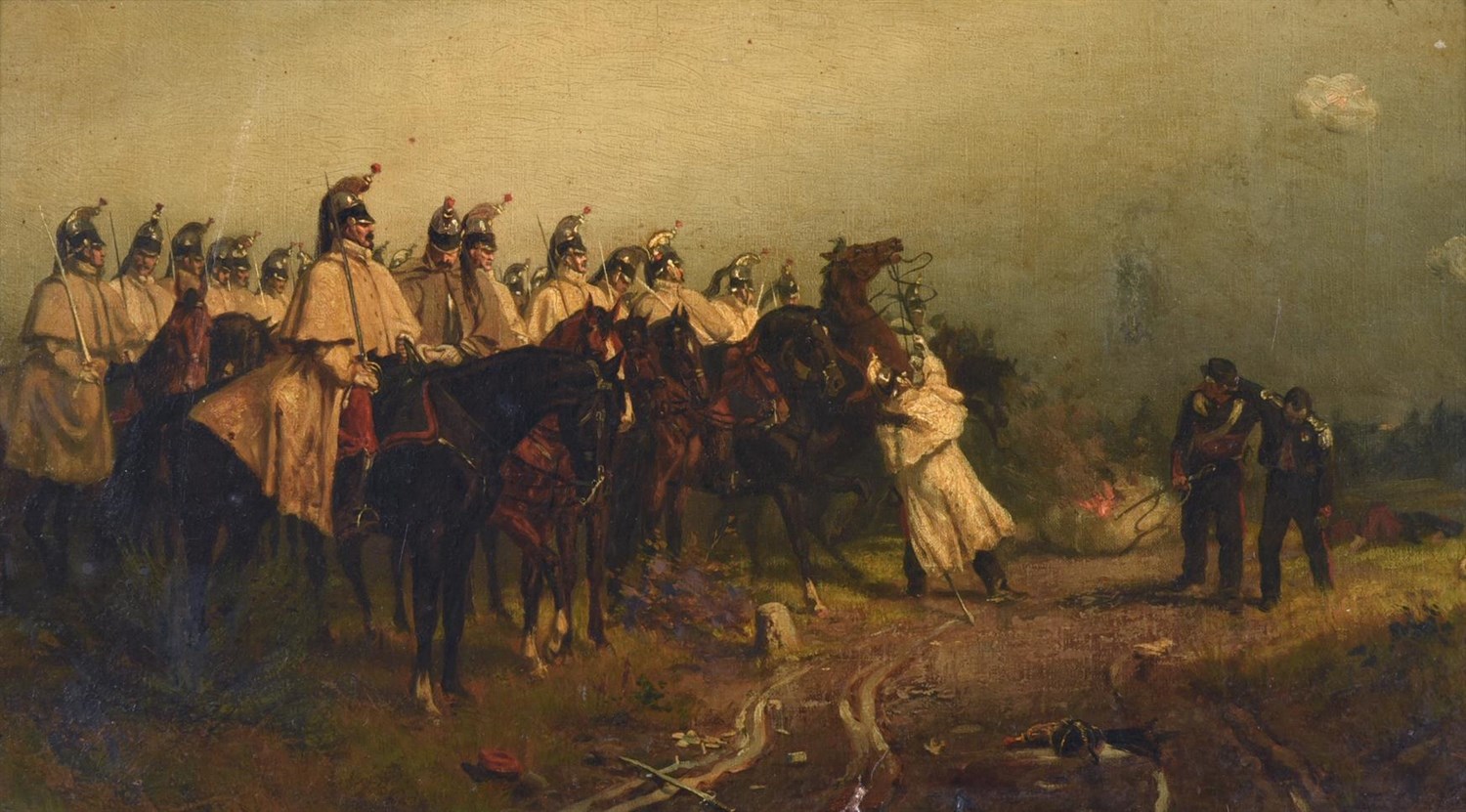 Lot 60 - Ernest Crofts RA (1847-1911)  Soldiers on horseback with the walking wounded nearby  Signed, oil on