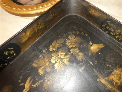 Lot 61 - A Late George III Papier-Mâché Tray, of rectangular form, decorated with dogs, birds and foliage