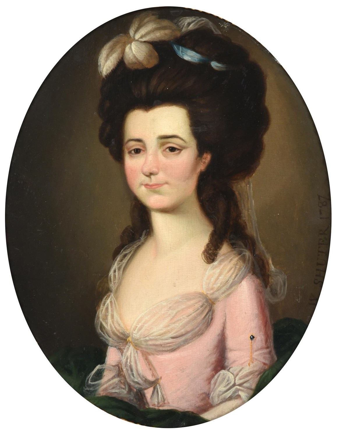Lot 63 - William Shuter (fl.1771-1779)  Portrait of a young lady, half length, wearing a pink silk dress and